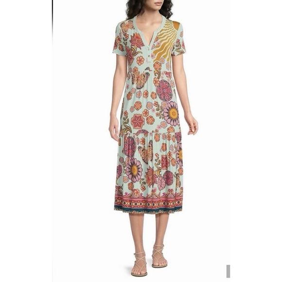 Johnny Was Dresses & Skirts - Johnny Was NWT Woman's Xl Endora Scarf Print‎ Midi Dress Geometric Sunburst Boho